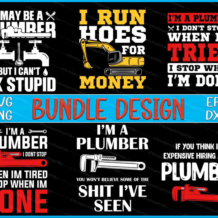 Collection of plumber-themed designs with text and graphics on a black background.