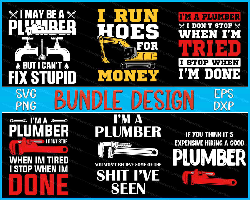 Collection of plumber-themed designs with text and graphics on a black background.