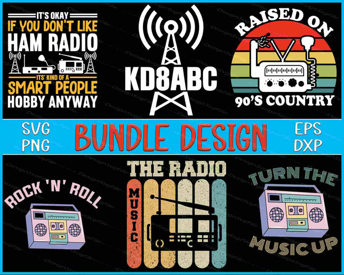 Collection of radio-themed graphics and text on a black background with 'Bundle Design' text in the center.
