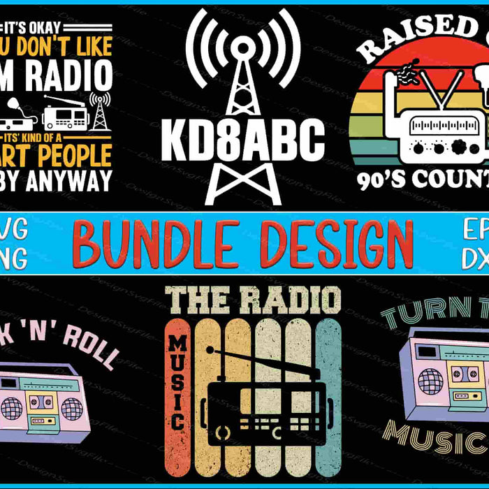 Collection of radio-themed graphics and text on a black background with 'Bundle Design' text in the center.