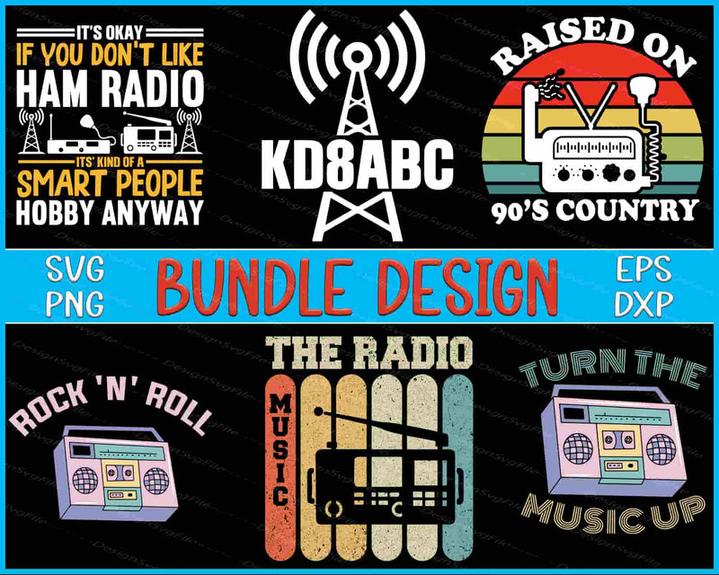 Collection of radio-themed graphics and text on a black background with 'Bundle Design' text in the center.