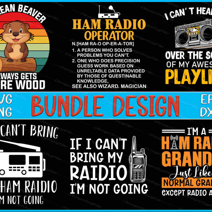 Collection of Ham Radio-themed graphics and text on a black background