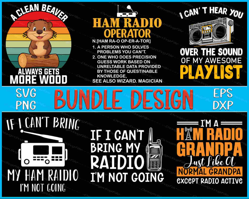 Collection of Ham Radio-themed graphics and text on a black background