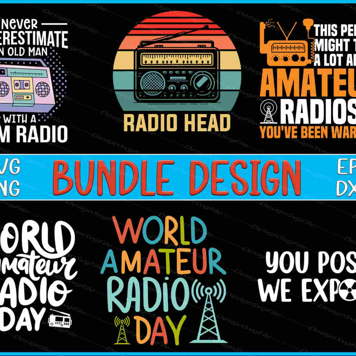 Collection of vintage radio-themed graphics and text on a black background with 'World Amateur Radio Day' text.