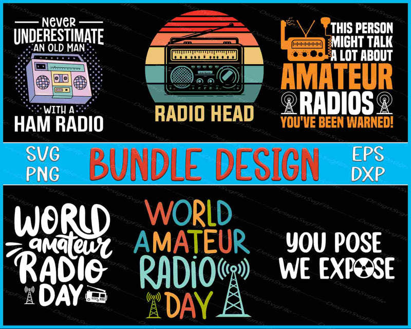 Collection of vintage radio-themed graphics and text on a black background with 'World Amateur Radio Day' text.