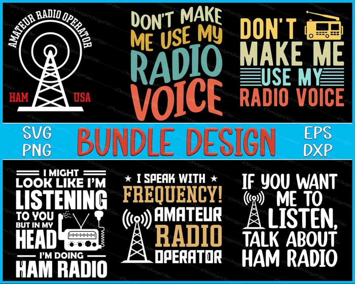 Collection of radio-themed graphics and text with various colors on a black background.