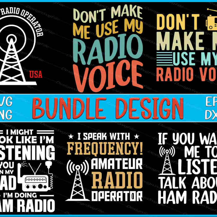 Collection of radio-themed graphics and text with various colors on a black background.