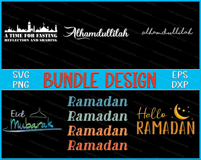 Collection of Ramadan-themed designs with text and graphics on a black background.