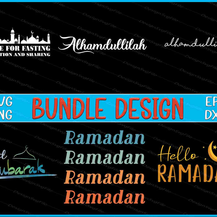 Collection of Ramadan-themed designs with text and graphics on a black background.