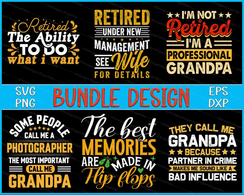 Collection of humorous retirement-themed sayings with various file formats available for design.