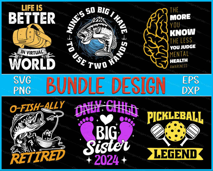Collection of various graphic designs with text and icons on a black background.