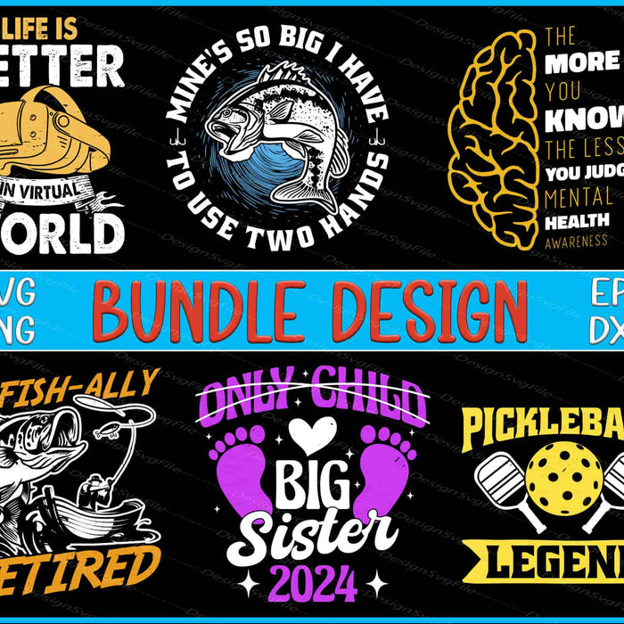 Collection of various graphic designs with text and icons on a black background.