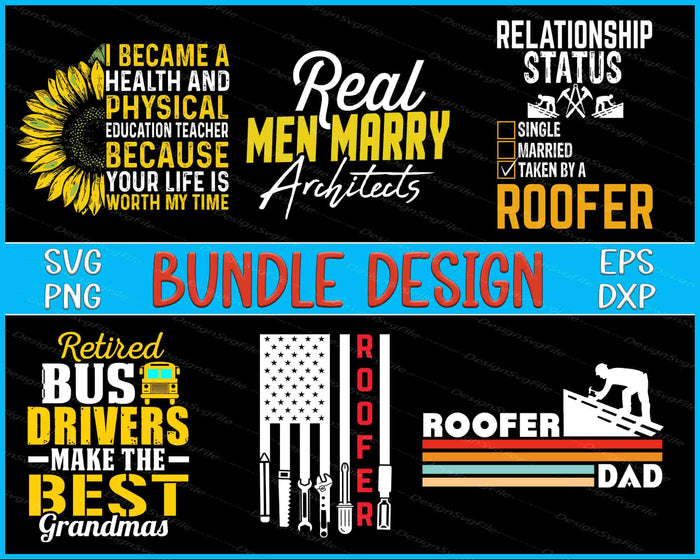 Collection of humorous and themed design bundles with text and graphics on a black background.