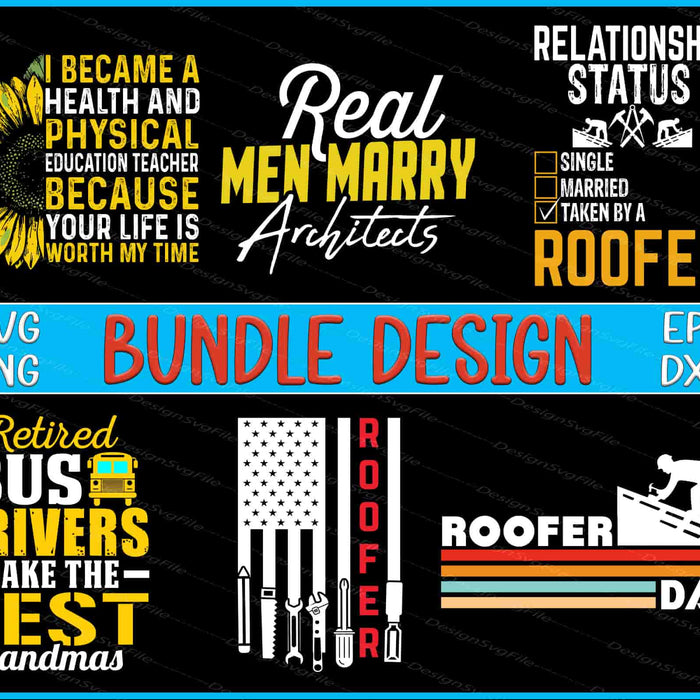 Collection of humorous and themed design bundles with text and graphics on a black background.