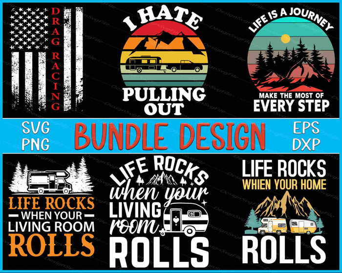 Collection of travel-themed graphics with text and icons on a black background