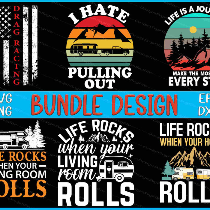 Collection of travel-themed graphics with text and icons on a black background