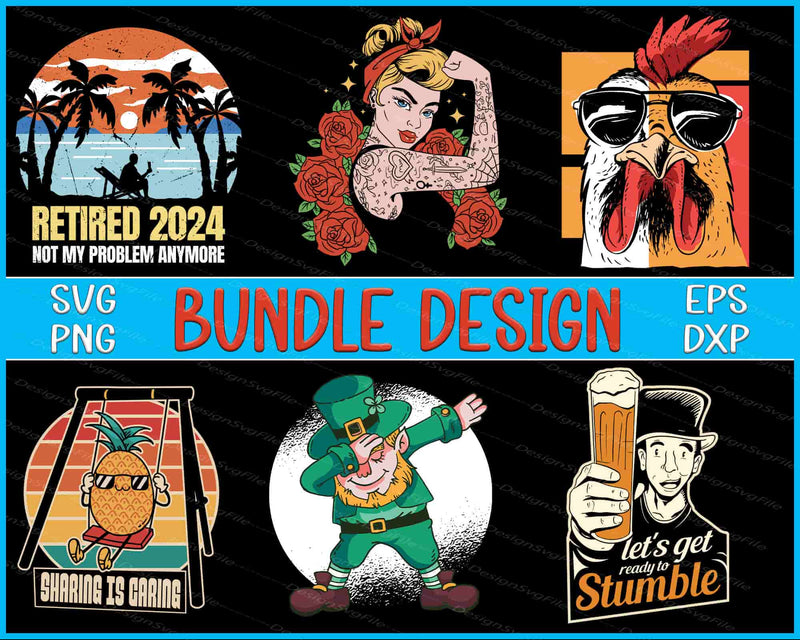 Collection of graphic designs with text and illustrations on a black background