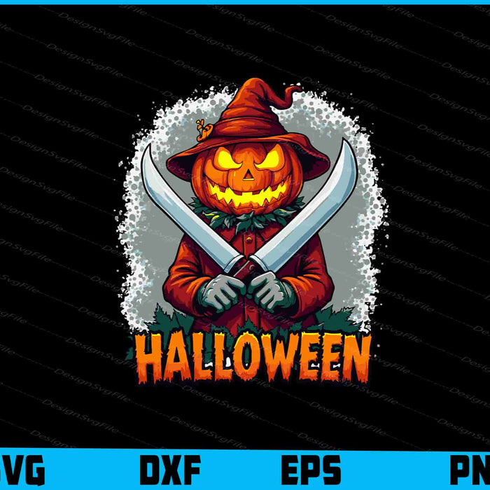 Halloween-themed design with a pumpkin head wearing a hat and holding two swords, on a black background.
