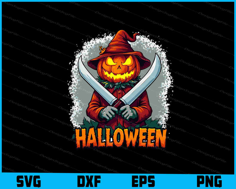 Halloween-themed design with a pumpkin head wearing a hat and holding two swords, on a black background.