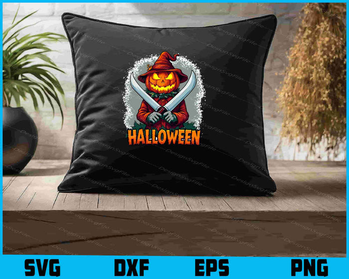Halloween-themed design with a pumpkin head wearing a hat and holding two swords, on a black background.