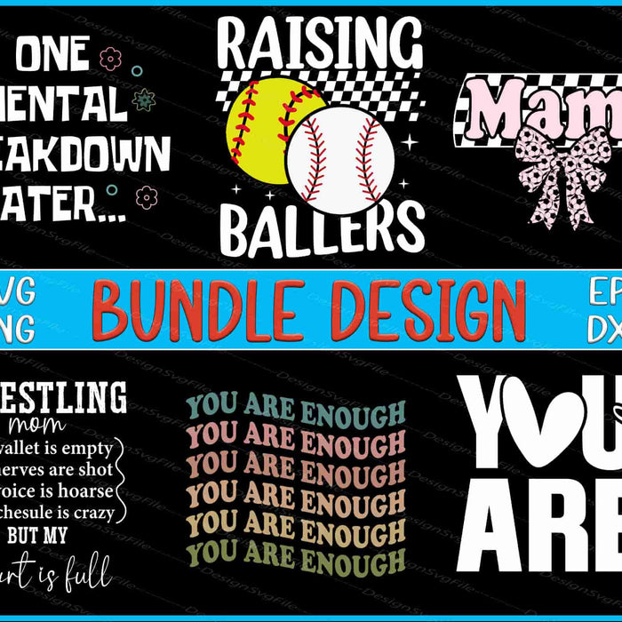 Collection of motivational and sports-themed designs with text and graphics on a black background.