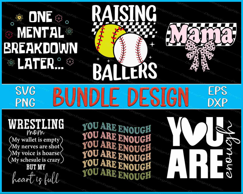 Collection of motivational and sports-themed designs with text and graphics on a black background.