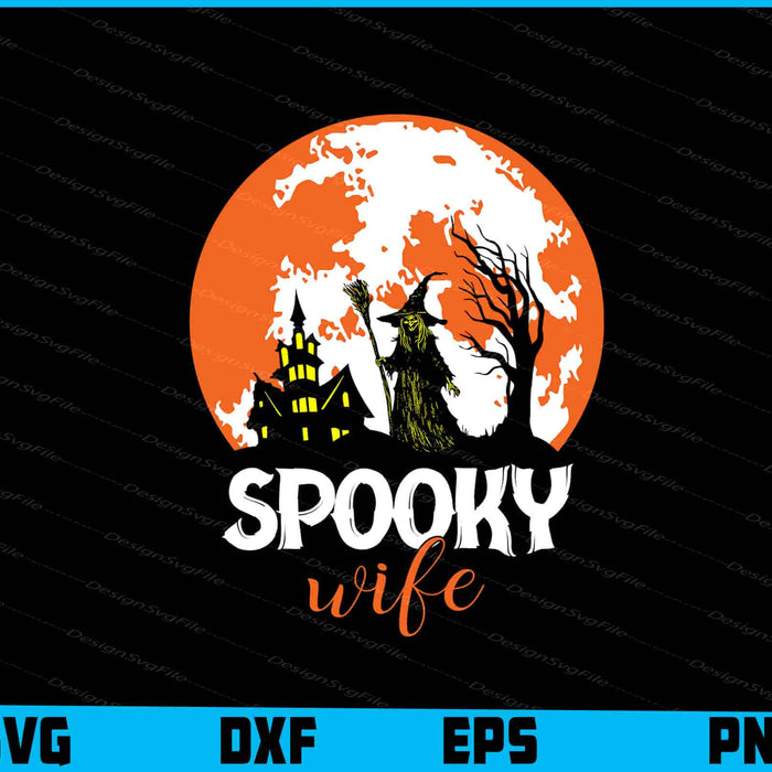 Halloween-themed design with a moon, castle, and trees, featuring the text 'Spooky wife' on a black background.