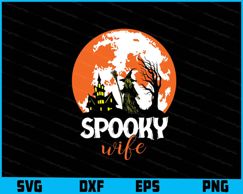Halloween-themed design with a moon, castle, and trees, featuring the text 'Spooky wife' on a black background.