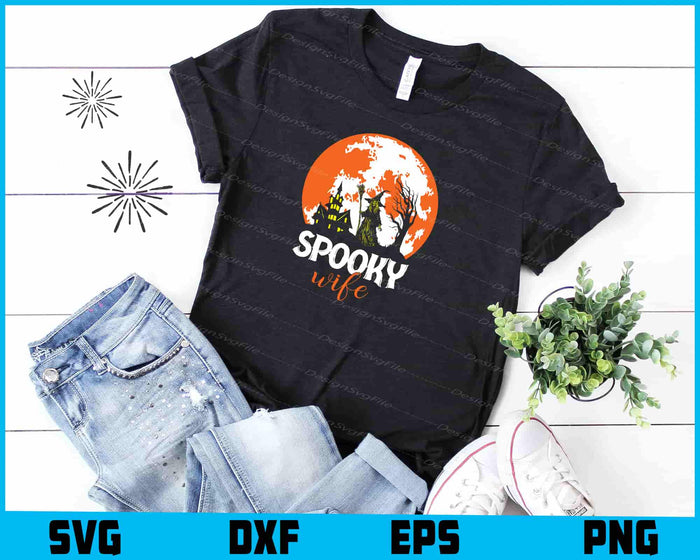 Halloween-themed design with a moon, castle, and trees, featuring the text 'Spooky wife' on a black background.