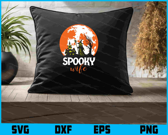 Halloween-themed design with a moon, castle, and trees, featuring the text 'Spooky wife' on a black background.