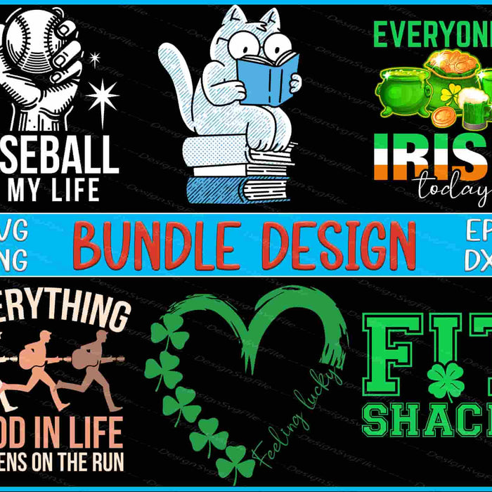 Collection of various graphic designs with text and icons on a black background