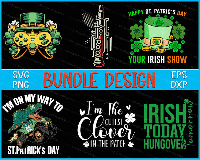 St. Patrick's Day-themed bundle design with graphics and text on a black background.