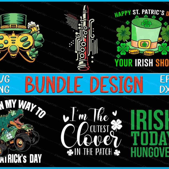 St. Patrick's Day-themed bundle design with graphics and text on a black background.