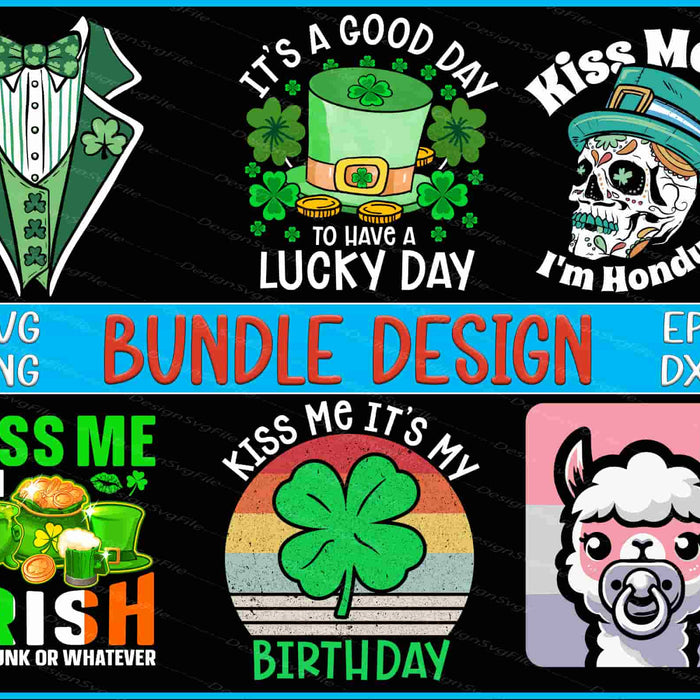 Collection of St. Patrick's Day-themed designs with text and graphics on a black background.