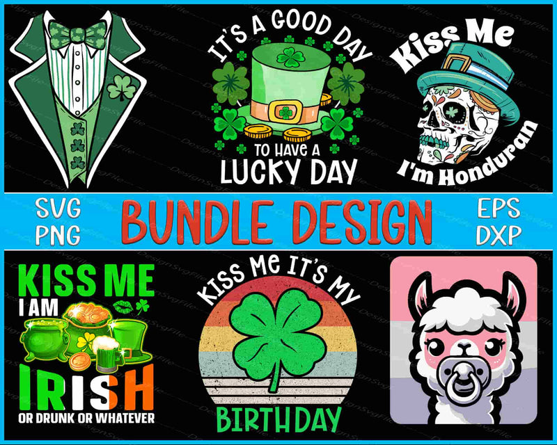 Collection of St. Patrick's Day-themed designs with text and graphics on a black background.