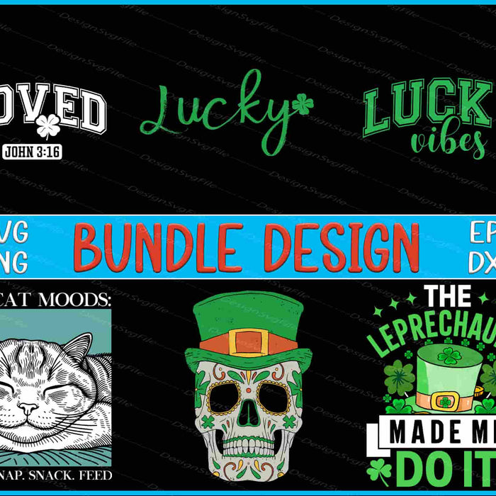 Collection of design bundles with text and graphics on a black background