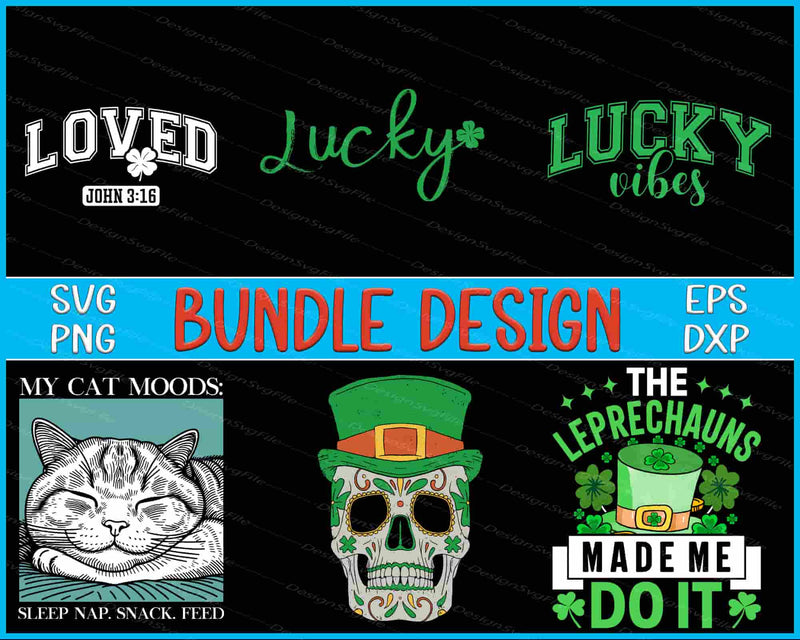 Collection of design bundles with text and graphics on a black background