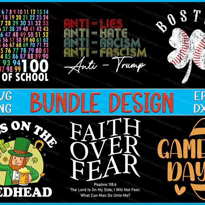 Collection of graphic designs with text and symbols on a black background
