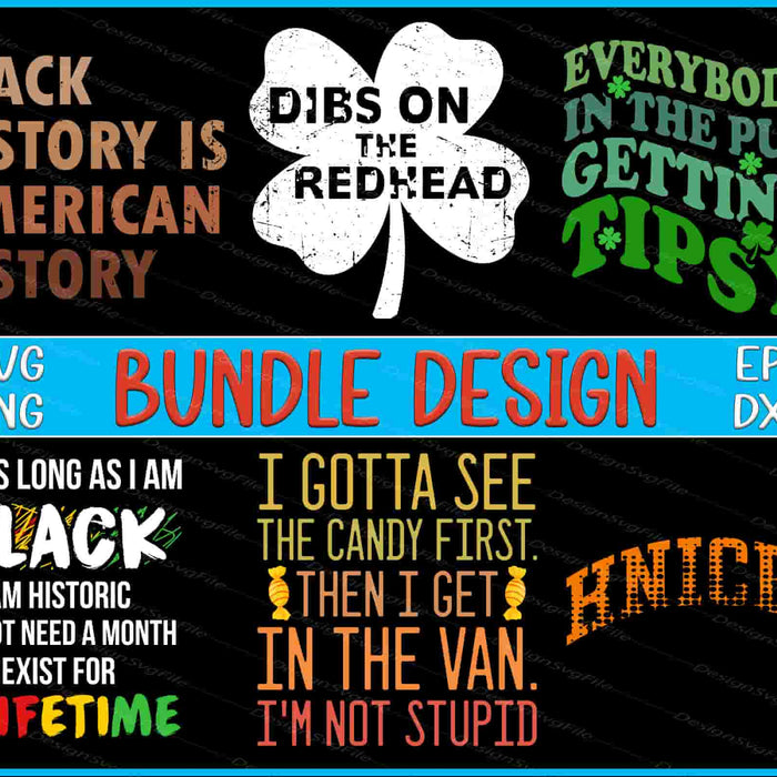 Collection of humorous and politically charged text designs with a central shamrock graphic on a black background.