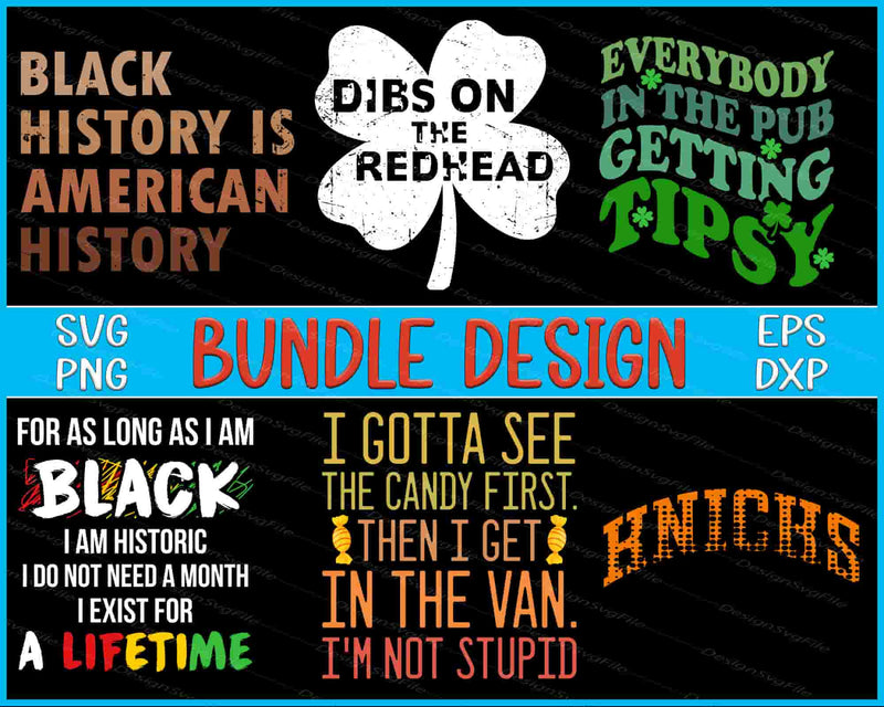 Collection of humorous and politically charged text designs with a central shamrock graphic on a black background.