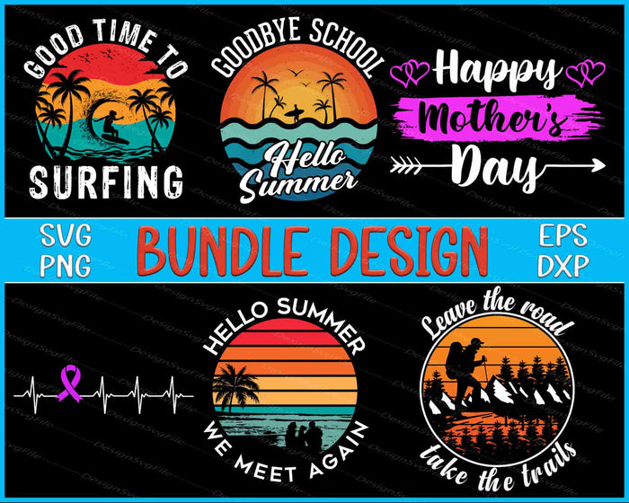 Collection of summer-themed designs with text and graphics on a black background.