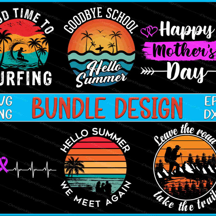 Collection of summer-themed designs with text and graphics on a black background.