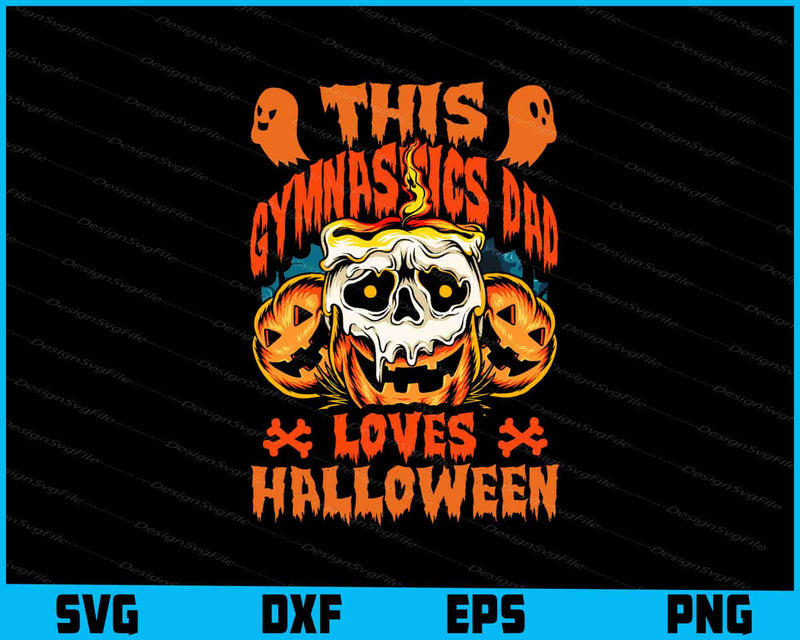 Halloween-themed design with a skull and pumpkins on a black background, featuring file format options at the bottom.