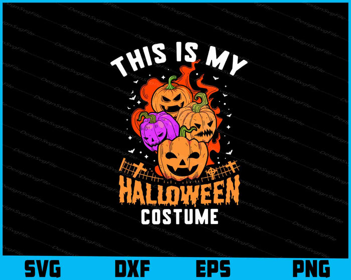 Halloween-themed design with pumpkins and text 'This is my Halloween costume' on a black background.
