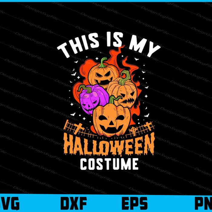 Halloween-themed design with pumpkins and text 'This is my Halloween costume' on a black background.