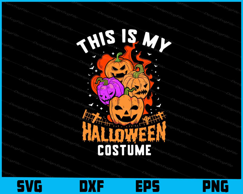Halloween-themed design with pumpkins and text 'This is my Halloween costume' on a black background.