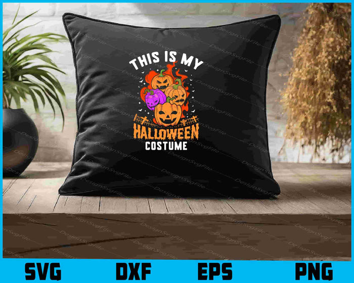 Halloween-themed design with pumpkins and text 'This is my Halloween costume' on a black background.