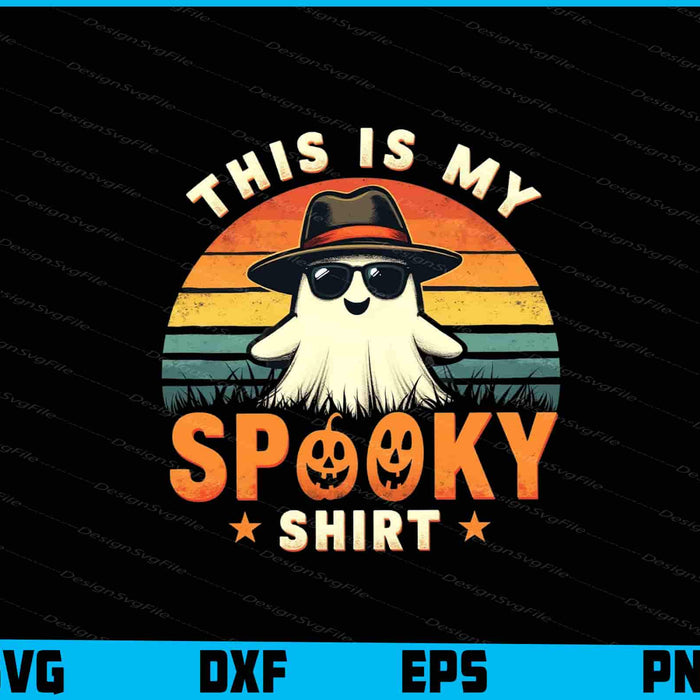 Halloween-themed graphic with ghost wearing sunglasses and a hat, text 'This is my spooky shirt' on a black background.