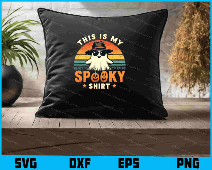 Halloween-themed graphic with ghost wearing sunglasses and a hat, text 'This is my spooky shirt' on a black background.