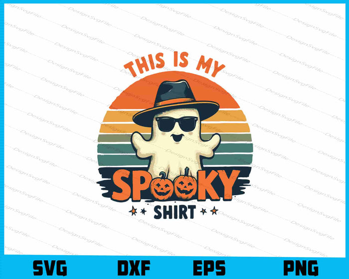 Ghost wearing a hat and sunglasses with text 'This is my spooky shirt' on a colorful background